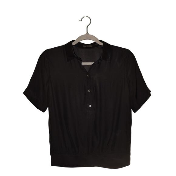 ATM $246 Black Silk Polo Popover Top Woven Short Sleeves Collared XS - Picture 1 of 4